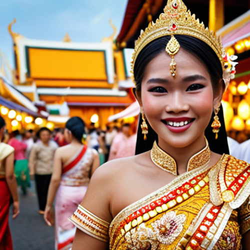Home 4 **Image:** A vibrant Thai festival scene. Focus on a woman wearing a traditional Thai dress with intricate gold embroidery. Highlight the rich colors like gold and red, with floral motifs and sparkling sequins. The background should show a bustling market with people in colorful attire, reflecting the joy and harmony of a community celebration.
