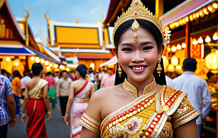 **Image:** A vibrant Thai festival scene. Focus on a woman wearing a traditional Thai dress with intricate gold embroidery. Highlight the rich colors like gold and red, with floral motifs and sparkling sequins. The background should show a bustling market with people in colorful attire, reflecting the joy and harmony of a community celebration.