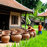 Traditional Pottery Village**

"A bustling Thai village scene with families crafting red clay pottery, fully clothed, appropriate attire, safe for work. Focus on artisans shaping clay on wheels and firing pottery in a traditional wood-fired kiln. Include finished pots, bowls, and tiles displayed for sale. Background of lush green rice paddies and traditional Thai houses. Perfect anatomy, correct proportions, natural pose, professional photography, high quality, family-friendly, modest."

**