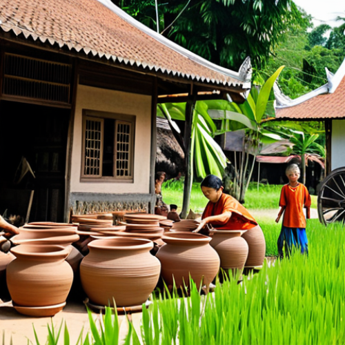 Home 21 Traditional Pottery Village**
"A bustling Thai village scene with families crafting red clay pottery, fully clothed, appropriate attire, safe for work. Focus on artisans shaping clay on wheels and firing pottery in a traditional wood-fired kiln. Include finished pots, bowls, and tiles displayed for sale. Background of lush green rice paddies and traditional Thai houses. Perfect anatomy, correct proportions, natural pose, professional photography, high quality, family-friendly, modest."
**