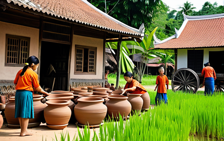 Traditional Pottery Village**

"A bustling Thai village scene with families crafting red clay pottery, fully clothed, appropriate attire, safe for work. Focus on artisans shaping clay on wheels and firing pottery in a traditional wood-fired kiln. Include finished pots, bowls, and tiles displayed for sale. Background of lush green rice paddies and traditional Thai houses. Perfect anatomy, correct proportions, natural pose, professional photography, high quality, family-friendly, modest."

**