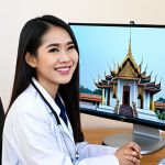 **

"A bright, modern tele-medicine clinic in rural Thailand. A fully clothed female doctor in a professional lab coat is smiling warmly at a young, modestly dressed patient via a large monitor displaying a video call. The background shows traditional Thai architecture blended with modern medical technology. Safe for work, appropriate content, fully clothed, professional, family-friendly, perfect anatomy, correct proportions, natural pose, well-formed hands, proper finger count, natural body proportions, high resolution, professional photography."

**