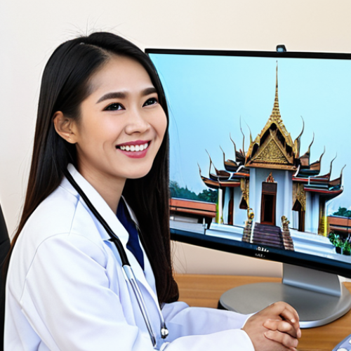 Home 20 **
"A bright, modern tele-medicine clinic in rural Thailand. A fully clothed female doctor in a professional lab coat is smiling warmly at a young, modestly dressed patient via a large monitor displaying a video call. The background shows traditional Thai architecture blended with modern medical technology. Safe for work, appropriate content, fully clothed, professional, family-friendly, perfect anatomy, correct proportions, natural pose, well-formed hands, proper finger count, natural body proportions, high resolution, professional photography."
**