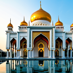 Pattani Mosque at Sunset**

"The Central Mosque of Pattani at sunset, golden dome reflecting the light, intricate Thai-Islamic architectural details, clear sky, serene atmosphere, fully clothed people in traditional attire, appropriate content, safe for work, professional architecture photography, perfect anatomy, natural proportions, high quality."

**