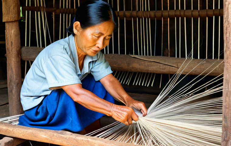 태국의 전통 옷감 종류 - Northern Thai Cotton Weaver**
"A skilled artisan, fully clothed in modest clothing, weaving traditi...