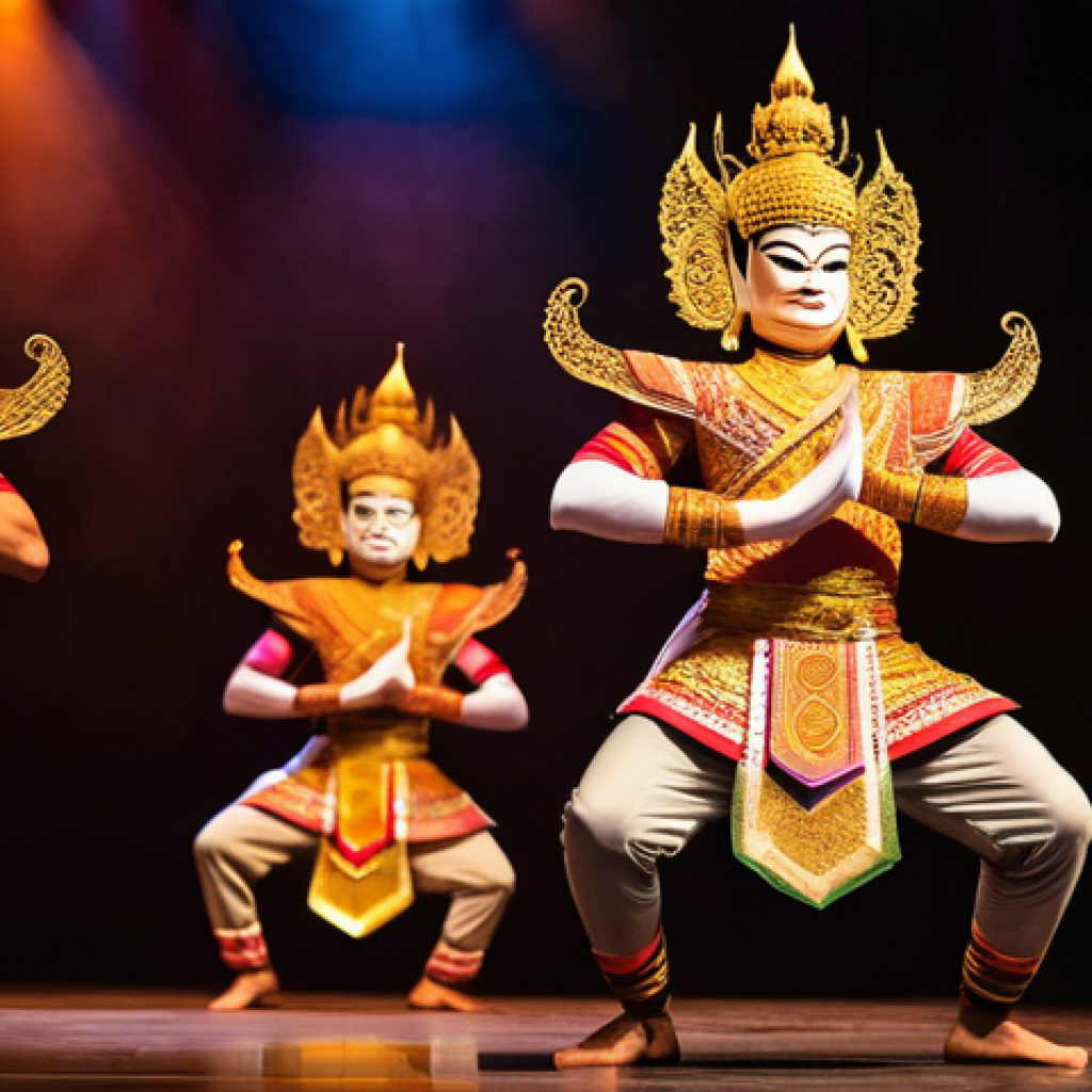 태국의 연극과 공연 예술 - **Prompt 1: Khon Performance - The Grand Epic**
"A majestic scene from a traditional Thai Khon p...