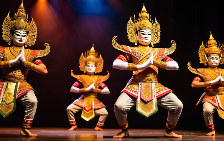 태국의 연극과 공연 예술 - **Prompt 1: Khon Performance - The Grand Epic**
"A majestic scene from a traditional Thai Khon p...