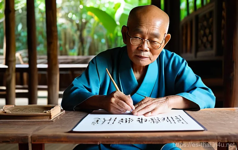 태국의 전통 서예 - **Prompt:** An elderly Thai master calligrapher, his face etched with serene concentration and wisdo...
