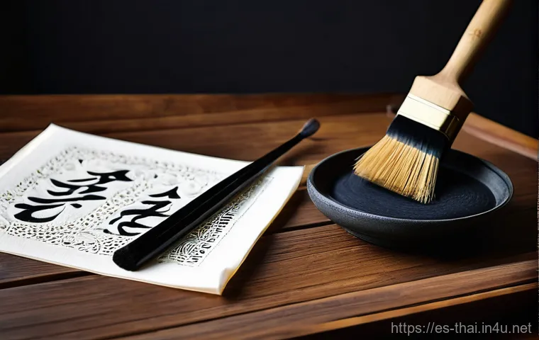 태국의 전통 서예 - **Prompt:** A close-up, artistic shot focusing on the meditative process of Thai calligraphy. A fine... 태국의 전통 서예 - **Prompt:** A close-up, artistic shot focusing on the meditative process of Thai calligraphy. A fine...