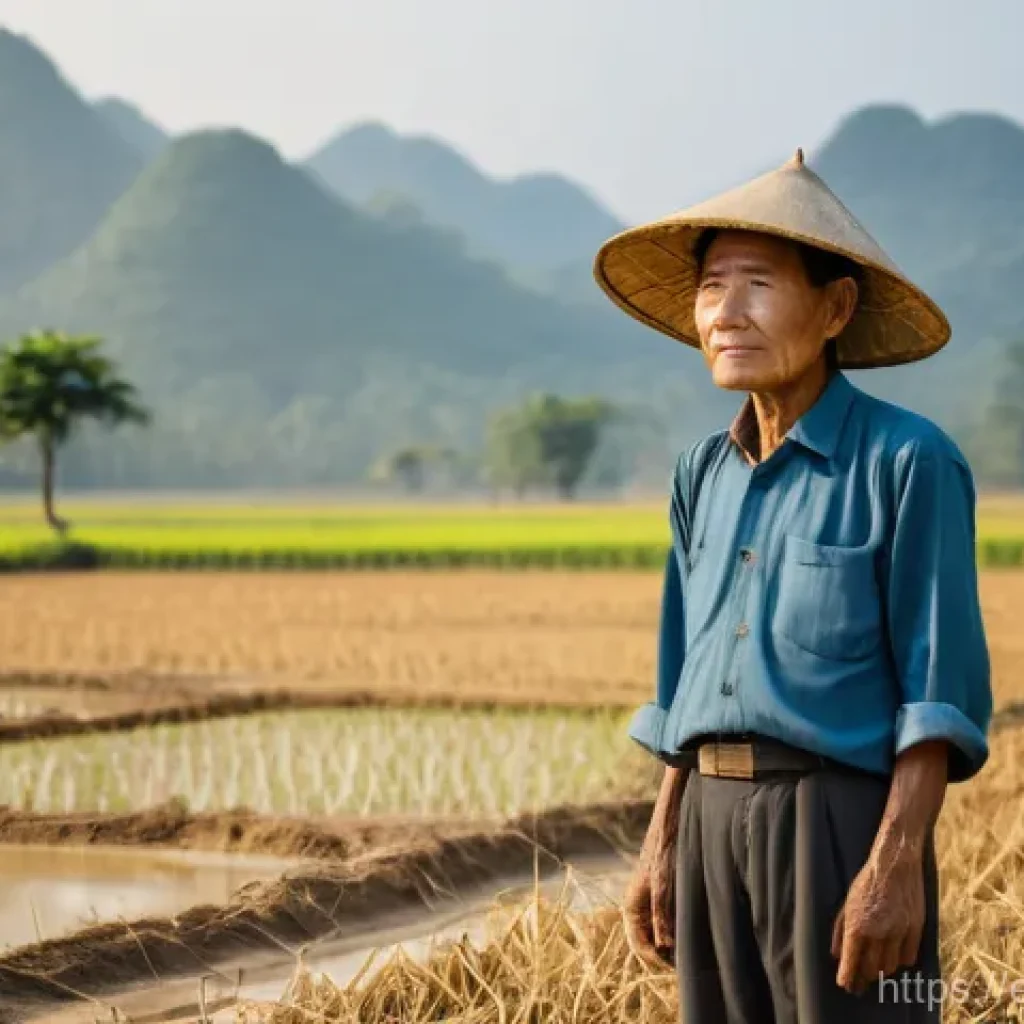 태국의 빈곤율 현황 - **Prompt:** A weathered but determined Thai farmer stands in a dry, sun-baked rice field in the rura...