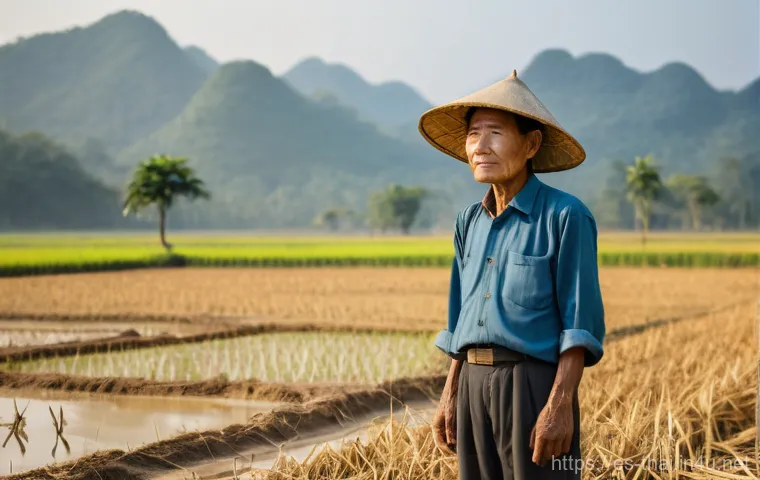 태국의 빈곤율 현황 - **Prompt:** A weathered but determined Thai farmer stands in a dry, sun-baked rice field in the rura...