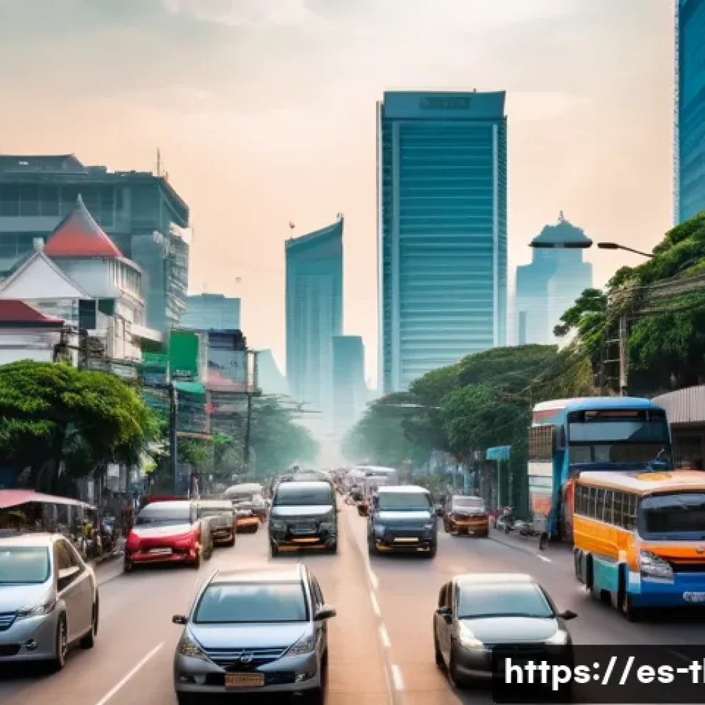 태국의 환경 문제 - **Urban Haze in Bangkok**: A busy street scene in Bangkok, Thailand, during late afternoon. The icon...
