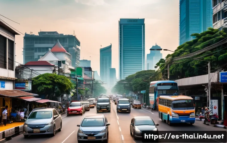 태국의 환경 문제 - **Urban Haze in Bangkok**: A busy street scene in Bangkok, Thailand, during late afternoon. The icon...