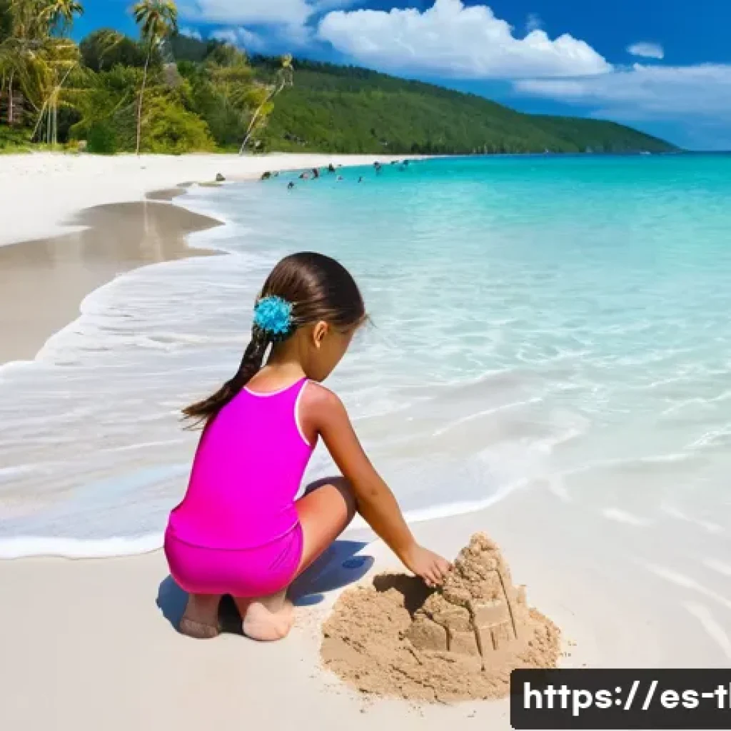 태국 방문 시 필요한 서류 - **A sunny beach scene in Phuket, Thailand. A young girl, around 7 years old, is building a sandcastl...