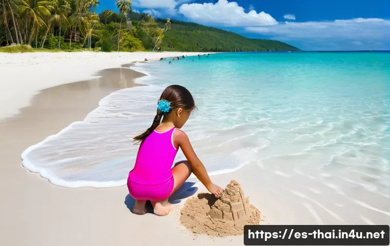 태국 방문 시 필요한 서류 - **A sunny beach scene in Phuket, Thailand. A young girl, around 7 years old, is building a sandcastl...