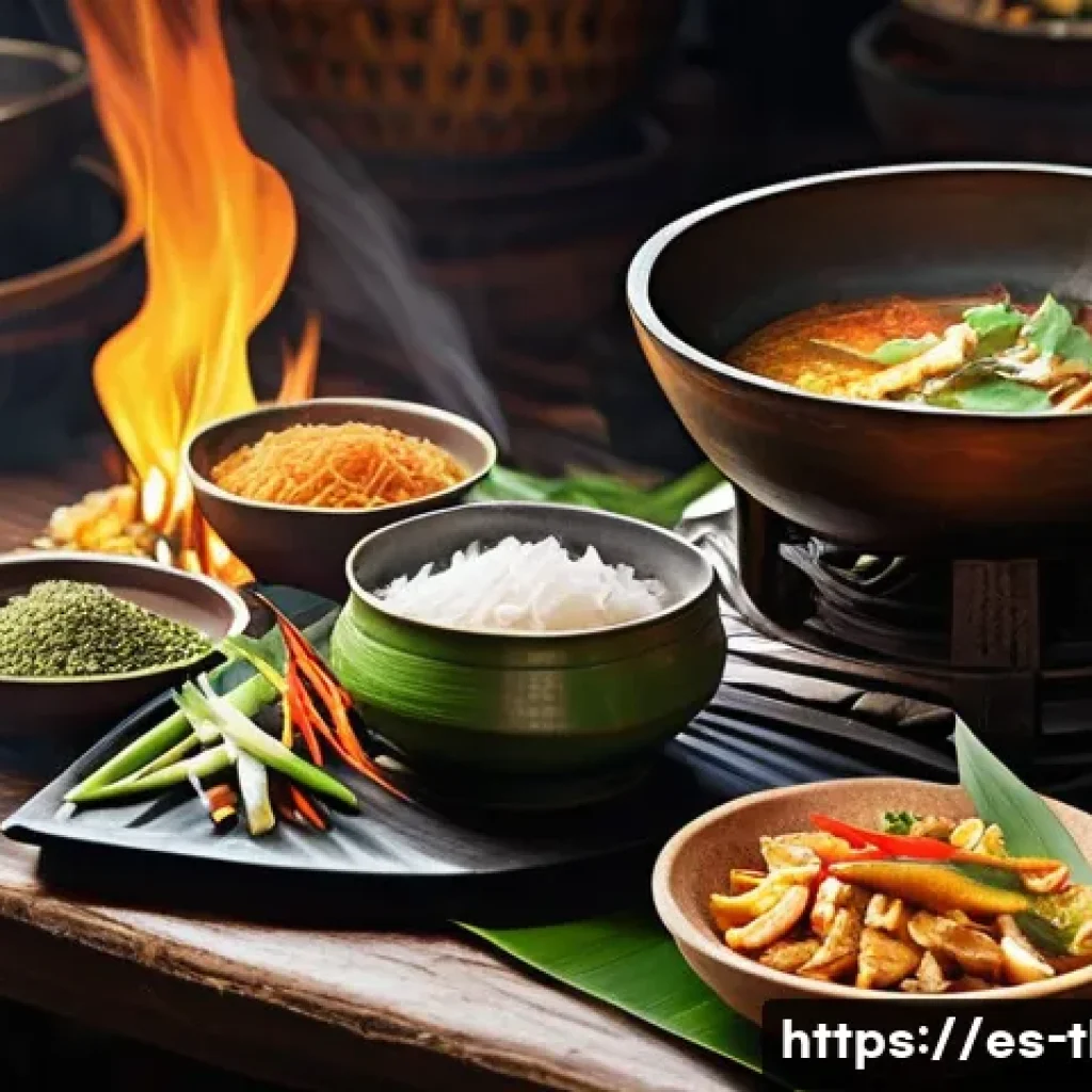 태국 전통 음식의 기원 - **Prompt:** A vibrant and detailed illustration showcasing the historical fusion of Thai cuisine. Th...