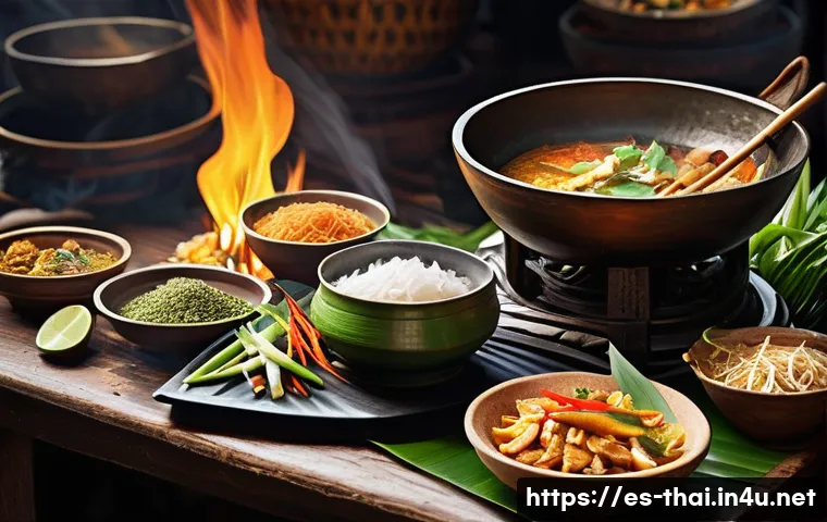태국 전통 음식의 기원 - **Prompt:** A vibrant and detailed illustration showcasing the historical fusion of Thai cuisine. Th...