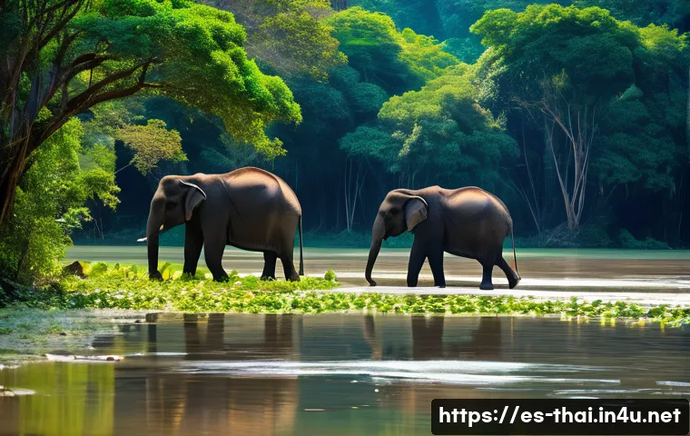 태국의 동물 보호 활동 - A serene and ethical elephant sanctuary nestled deep within the vibrant, lush jungles of Thailand. M...