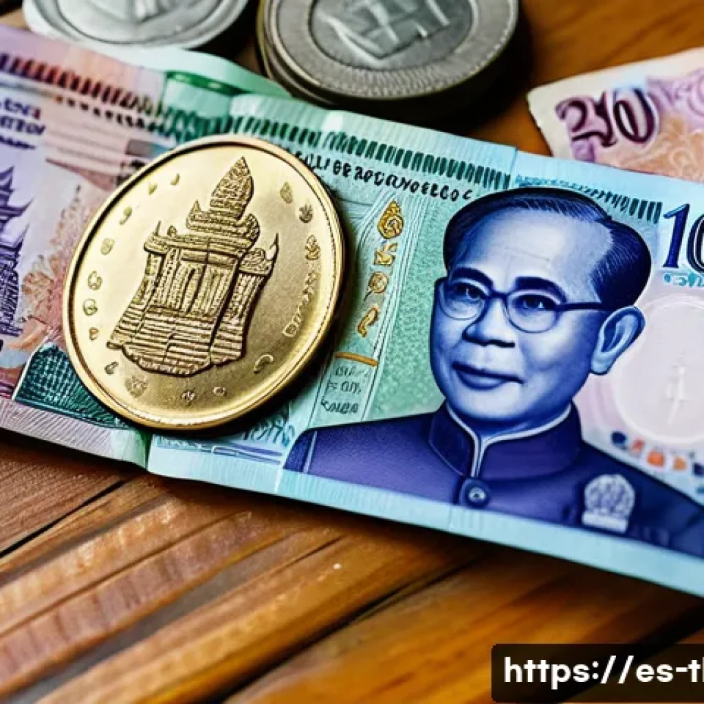 태국 화폐 사용법 - A vibrant, detailed close-up of Thai baht banknotes and coins spread out on a traditional wooden tab...