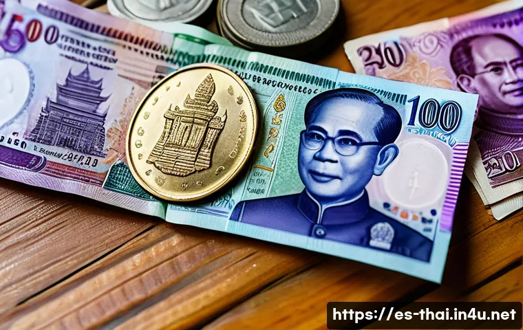 태국 화폐 사용법 - A vibrant, detailed close-up of Thai baht banknotes and coins spread out on a traditional wooden tab...