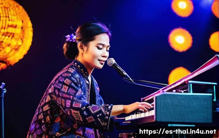 태국에서 유명한 인물 - A vibrant portrait of a contemporary Thai musician performing on stage at an international music fes...