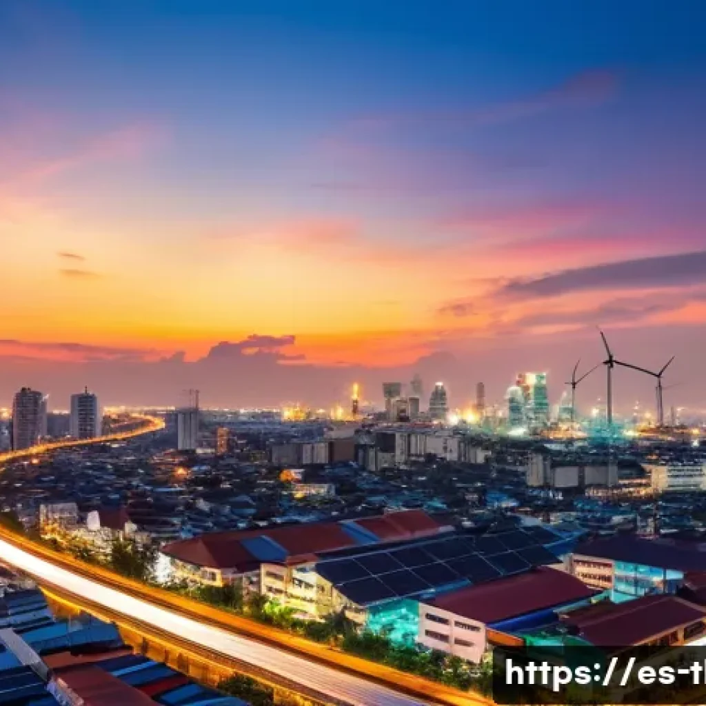 태국의 전력 공급 현황 - A vibrant panoramic view of Bangkok&rsquo;s urban skyline at dusk, showcasing modern industrial zones with...