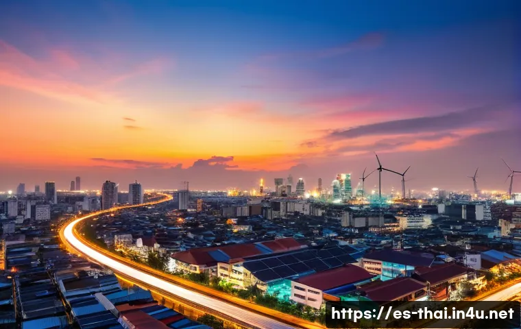 태국의 전력 공급 현황 - A vibrant panoramic view of Bangkok’s urban skyline at dusk, showcasing modern industrial zones with...