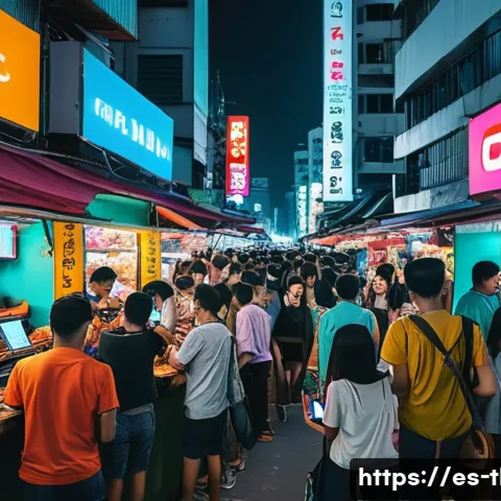 태국의 대중 매체 영향력 - A vibrant street scene in Bangkok showing diverse groups of young people using smartphones and table...