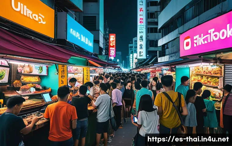 태국의 대중 매체 영향력 - A vibrant street scene in Bangkok showing diverse groups of young people using smartphones and table...