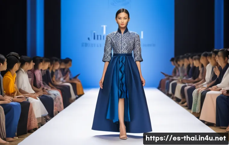 태국에서 주목받는 디자이너 - A modern Thai fashion runway scene featuring models wearing elegant garments that blend traditional ...