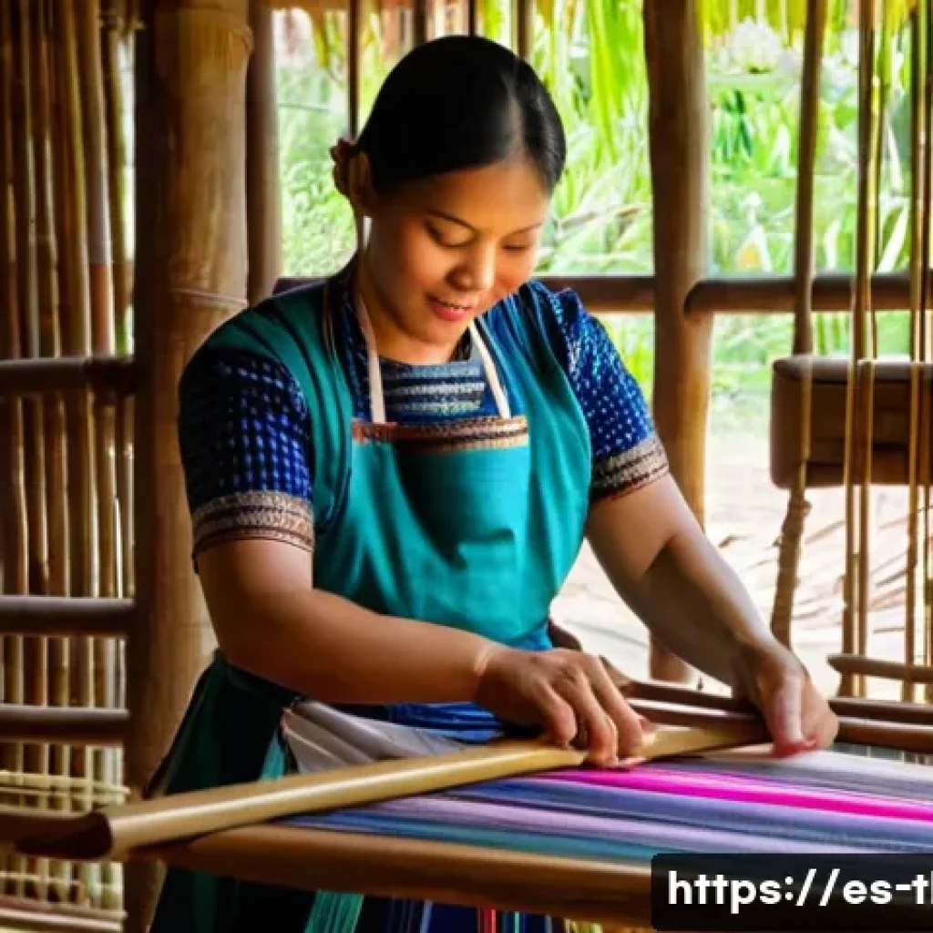 태국의 공예품 산업 - A skilled Thai artisan woman wearing traditional clothing and a protective apron, carefully hand-wea...