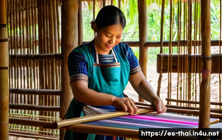 태국의 공예품 산업 - A skilled Thai artisan woman wearing traditional clothing and a protective apron, carefully hand-wea...