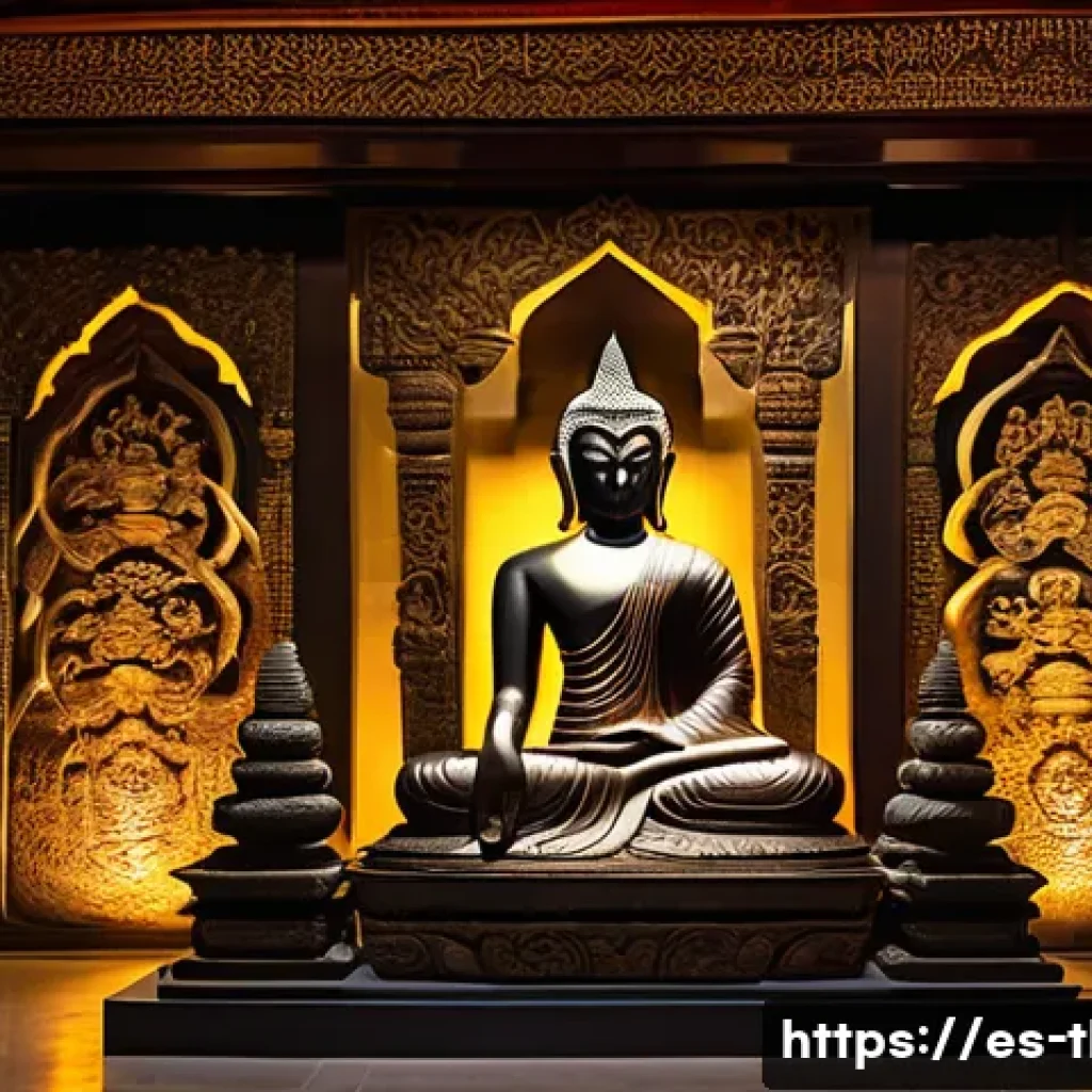 태국의 국립 박물관 - A serene Buddha statue carved from aged bronze, seated in a meditative lotus position with intricate...