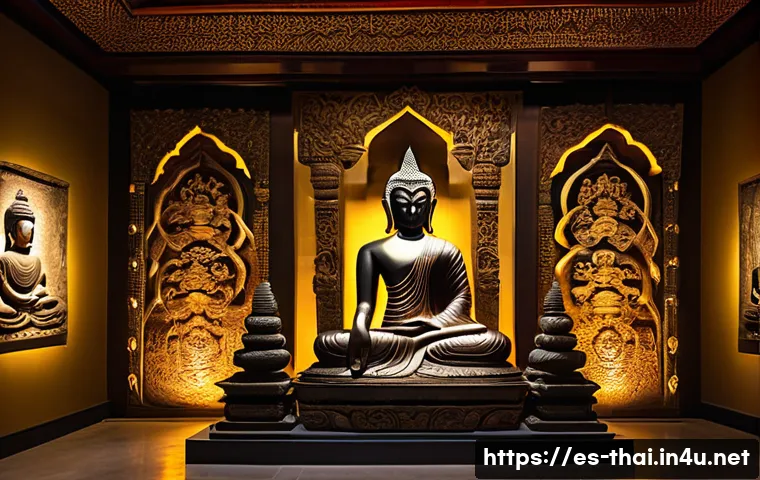 태국의 국립 박물관 - A serene Buddha statue carved from aged bronze, seated in a meditative lotus position with intricate...