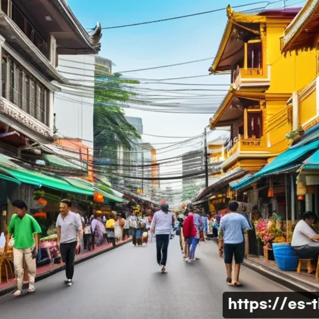태국의 글로벌 포지셔닝 - A vibrant and bustling street scene in Bangkok showcasing a diverse group of tourists ranging from b...