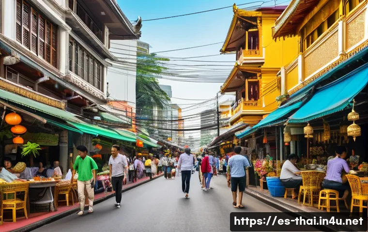 태국의 글로벌 포지셔닝 - A vibrant and bustling street scene in Bangkok showcasing a diverse group of tourists ranging from b...