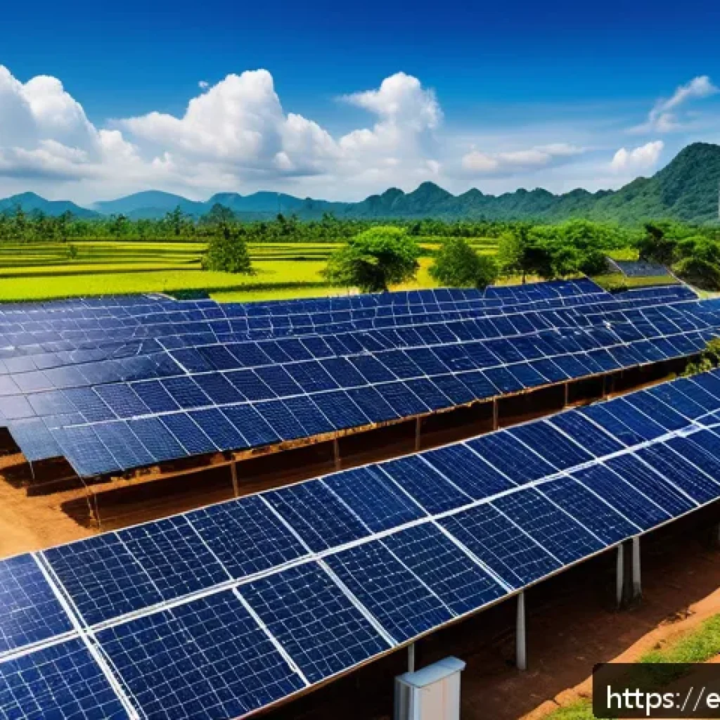 태국의 친환경 정책 - A vibrant rural scene in Thailand showcasing a large solar farm under a bright blue sky with scatter...