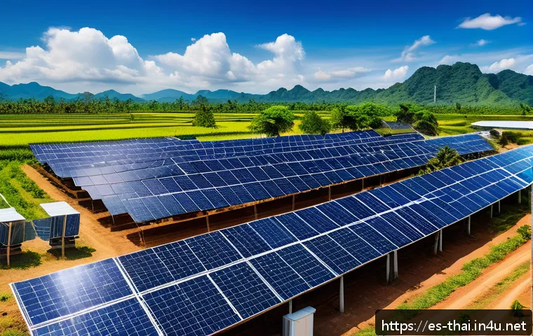 태국의 친환경 정책 - A vibrant rural scene in Thailand showcasing a large solar farm under a bright blue sky with scatter...