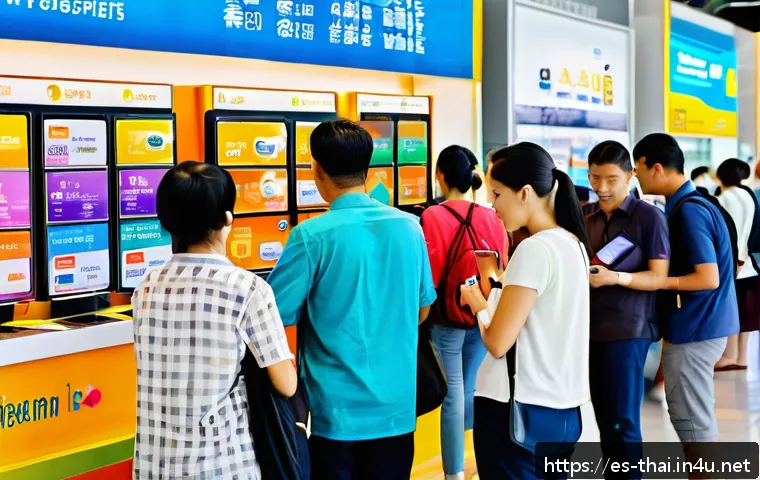 태국의 주요 통신 네트워크 - A vibrant street scene at a bustling Bangkok airport terminal, showing a diverse group of tourists p...