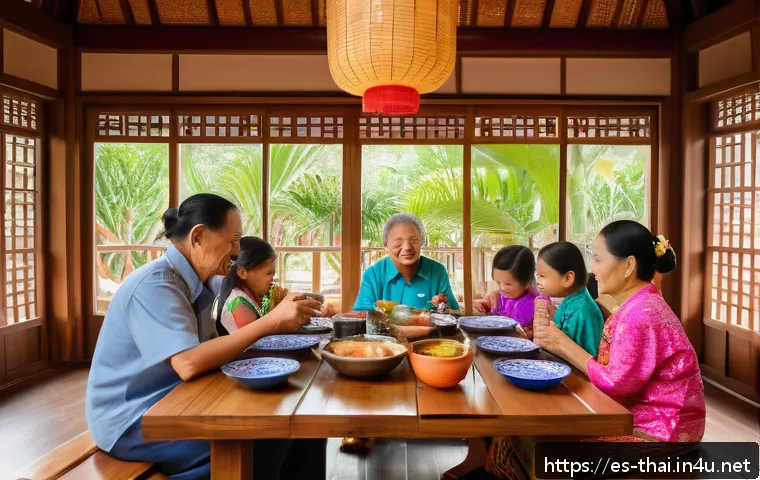 태국의 가족 문화 - A warm, multigenerational Thai family gathered in a traditional home interior, with grandparents, pa...