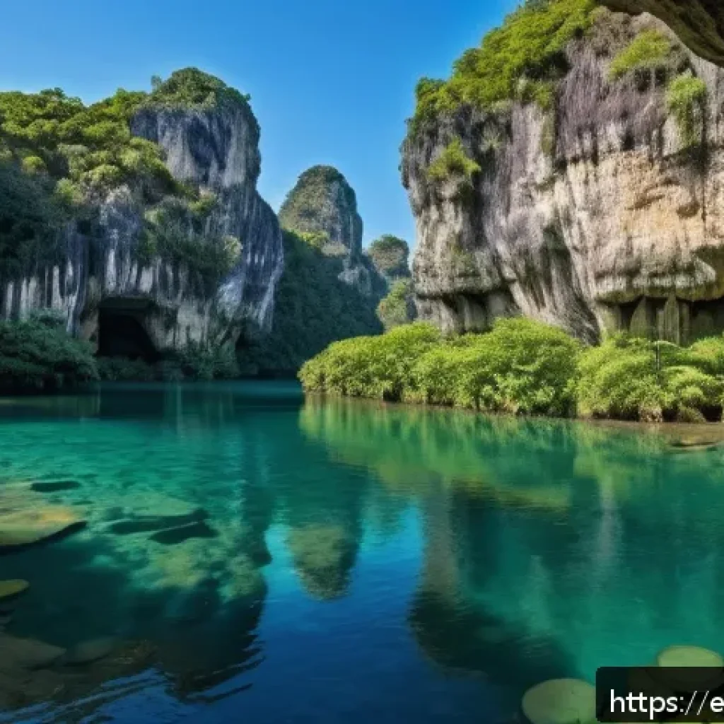 태국의 카르스트 지형 - A panoramic view of towering limestone rock formations sculpted by wind and water over millions of y...