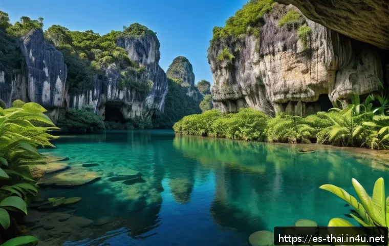 태국의 카르스트 지형 - A panoramic view of towering limestone rock formations sculpted by wind and water over millions of y...