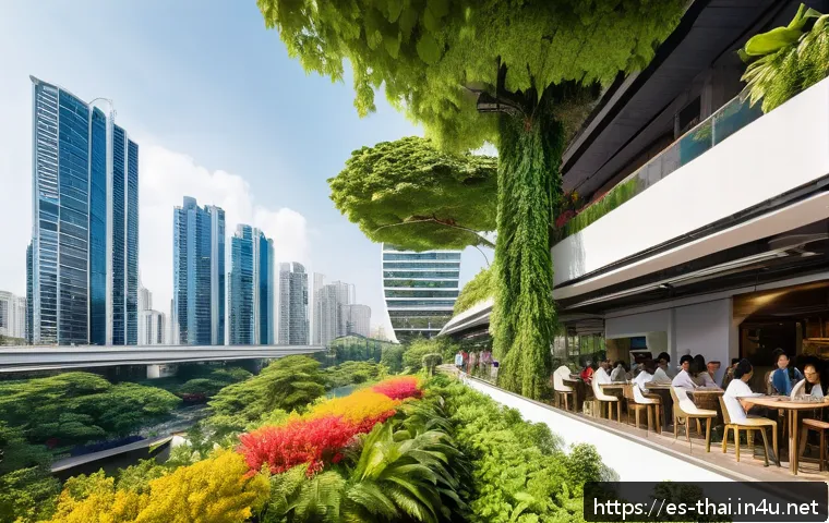 태국의 최신 뉴스 분석 - A vibrant urban scene in Bangkok showcasing futuristic green urban planning: sleek high-rise buildin...