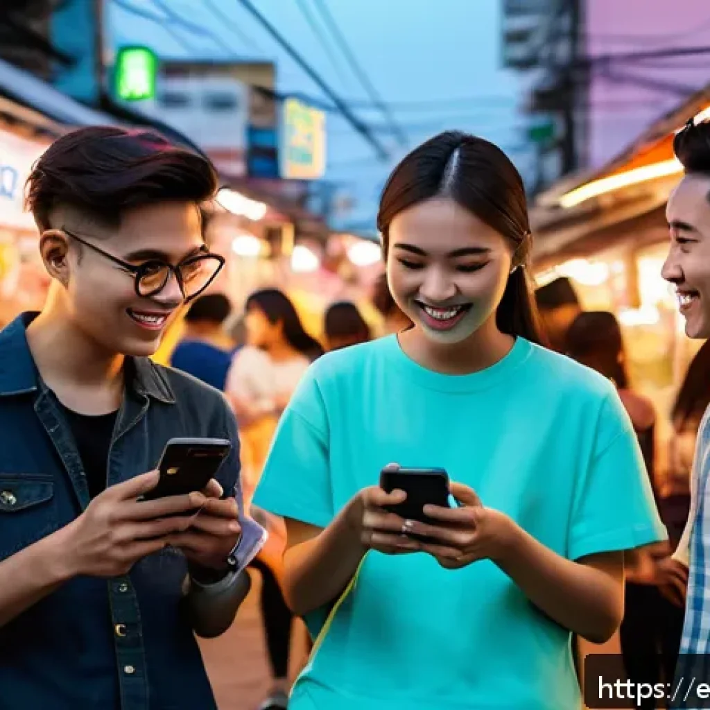태국 내 소셜 미디어 사용 경향 - A vibrant street scene in Bangkok featuring young Thai people engaging with short video content on t...