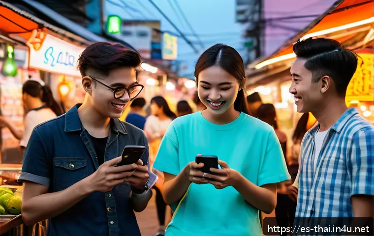 태국 내 소셜 미디어 사용 경향 - A vibrant street scene in Bangkok featuring young Thai people engaging with short video content on t...