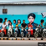 Home 21 태국의 예술과 정치 - A vibrant urban street scene in Bangkok featuring a large, colorful mural on a building wall that sy...
