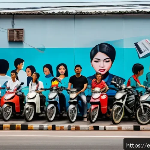 Home 33 태국의 예술과 정치 - A vibrant urban street scene in Bangkok featuring a large, colorful mural on a building wall that sy...