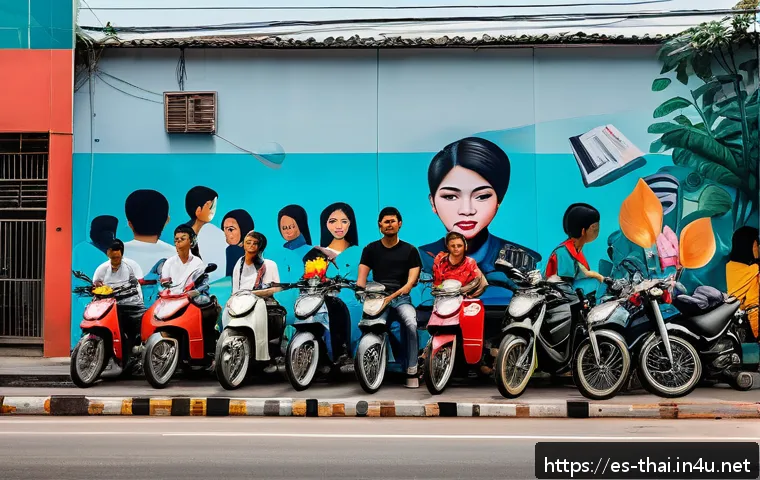 태국의 예술과 정치 - A vibrant urban street scene in Bangkok featuring a large, colorful mural on a building wall that sy...