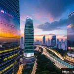 Home 20 태국의 글로벌 경제 파트너 - A futuristic technology hub in Bangkok at dusk, showcasing modern skyscrapers with neon lights and d...
