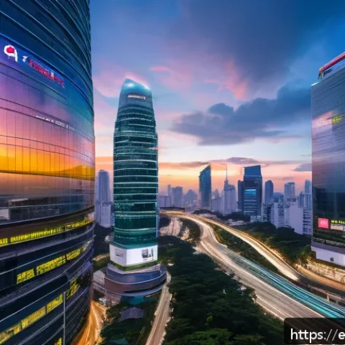 Home 32 태국의 글로벌 경제 파트너 - A futuristic technology hub in Bangkok at dusk, showcasing modern skyscrapers with neon lights and d...